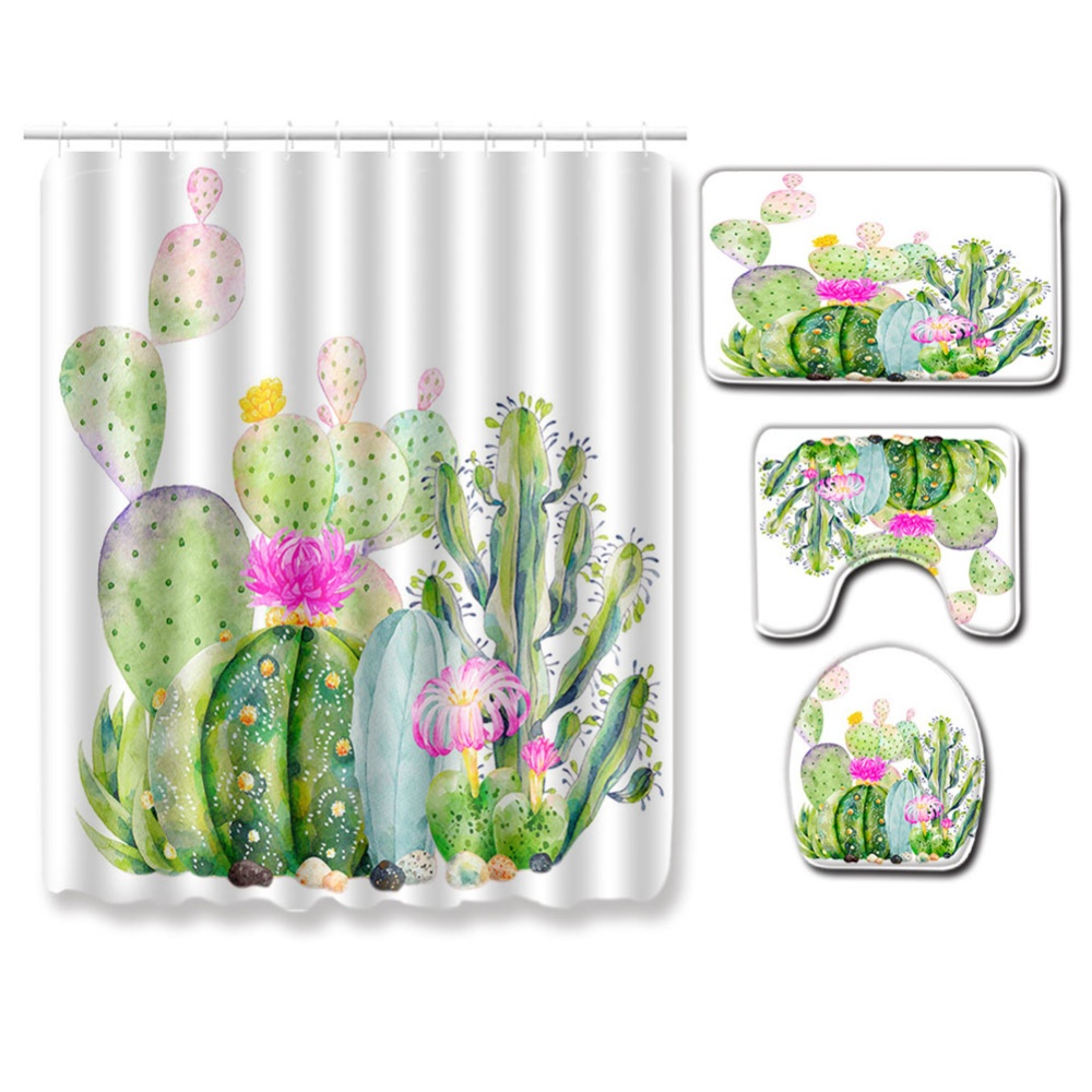 Succulent Plants Pattern Shower Curtain + Floor Mat +Toilet Seat Cover+ Foot Pad Set 180*180 shower curtain +45*75 three-piece floor mat set