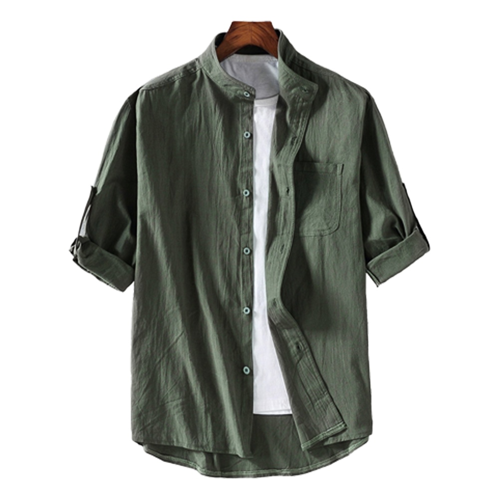 Summer Plus Size Shirt For Men Stand Collar Three-quarter Sleeve Cotton Linen Solid Color Loose Tops Army Green XL - Image 3