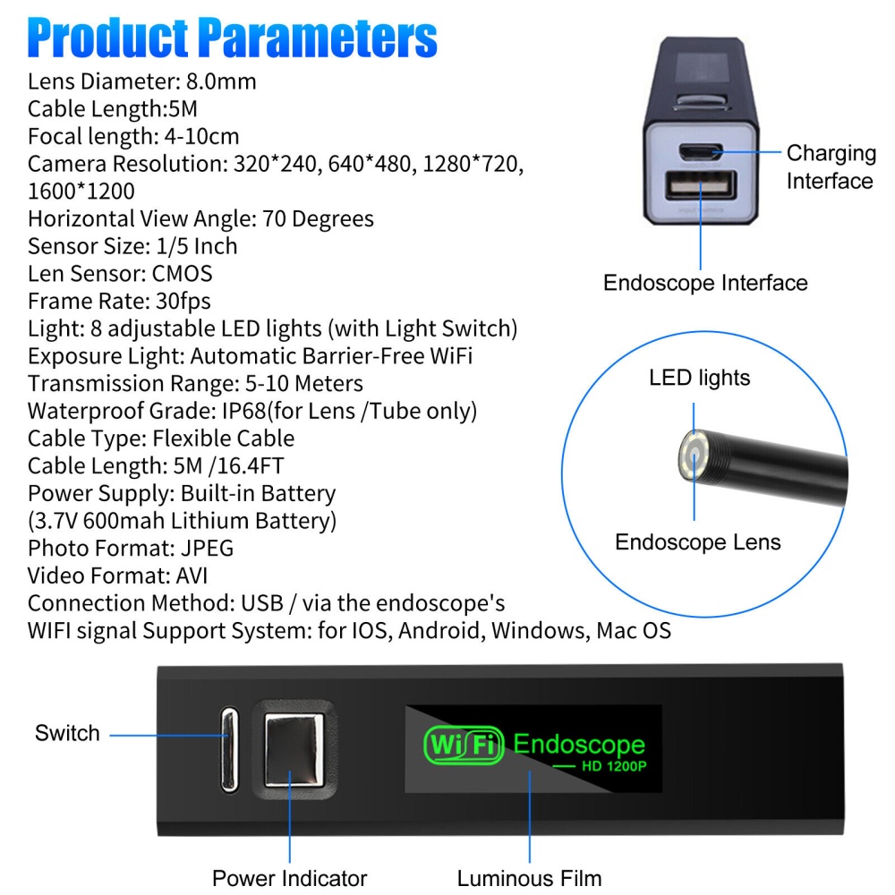 HD Wireless Wifi Borescope Endoscope Industrial Pipeline Inspection Camera Compatible for iOS Android Black - Image 2