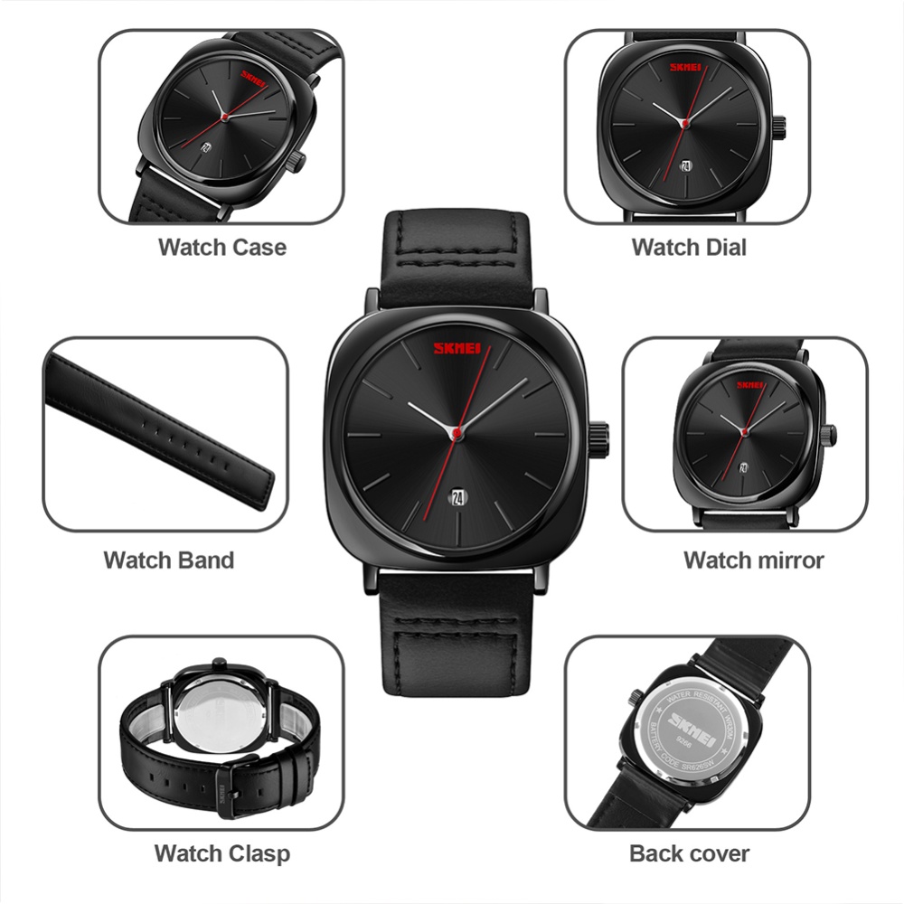 SKMEI Business Men Quartz Watch Classic Fashion Leather Band Time Date Display Casual Wristwatch Silver shell black Face - Image 2