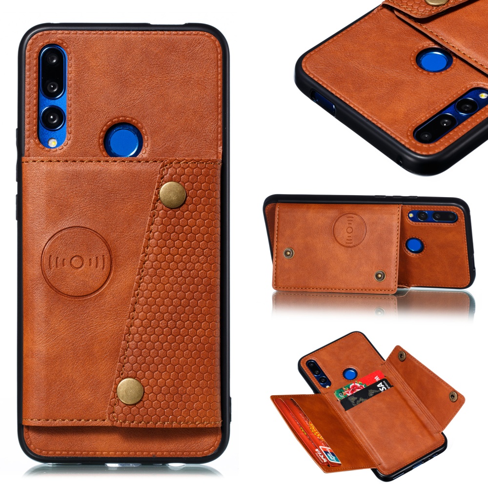 For HUAWEI Y9 prime 2019 PU Leather Shockproof Cell Phone Case Anti-dust with Double Buckle Card Slot Pocket Light Brown - Image 3