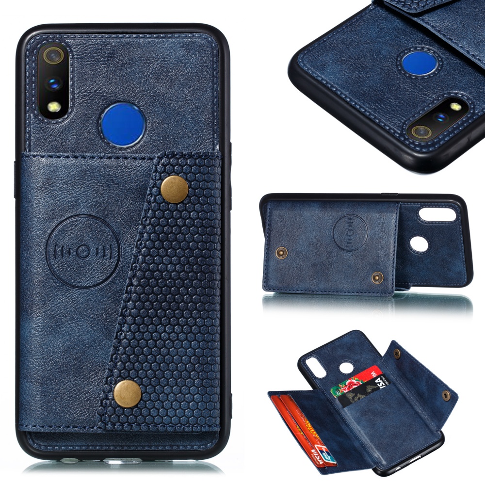 For OPPO Realme 3 pro PU Leather Flip Stand Shockproof Cell Phone Cover Double Buckle Anti-dust Case With Card Slots Pocket blue - Image 3