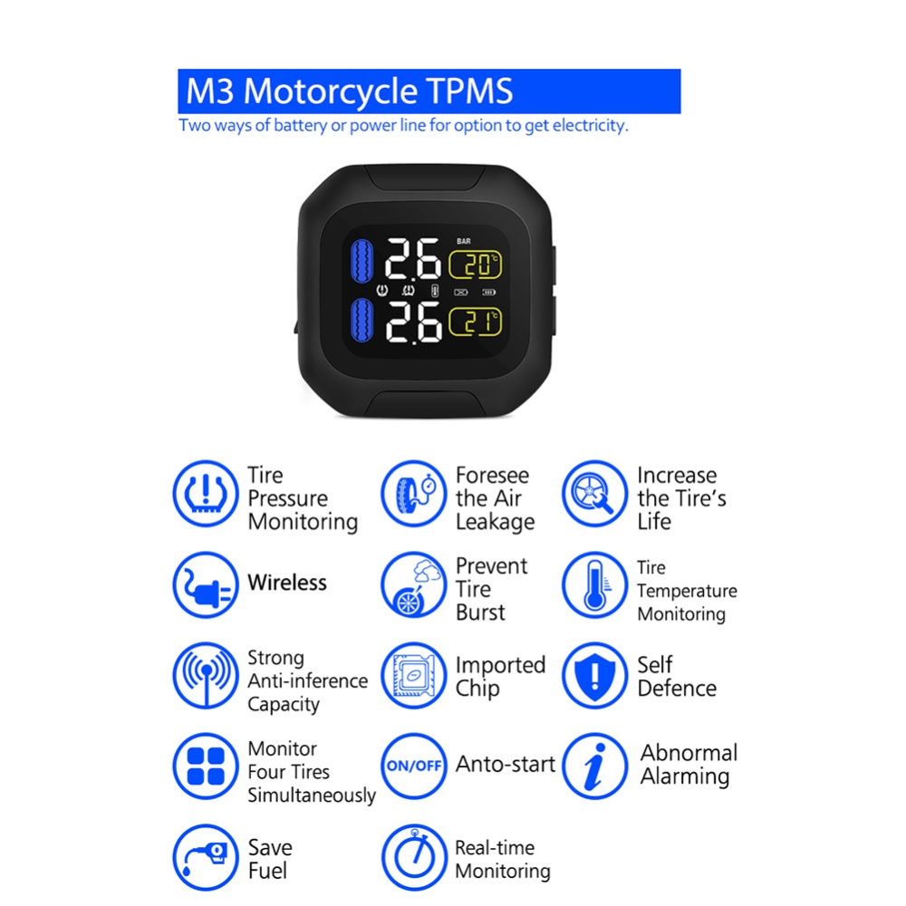 M3 Motorcycle TPMS Tire Pressure Monitoring System 2 External Sensor Wireless LCD Display Moto Auto Tyre Alarm Systems Silver_M3-WF - Image 2