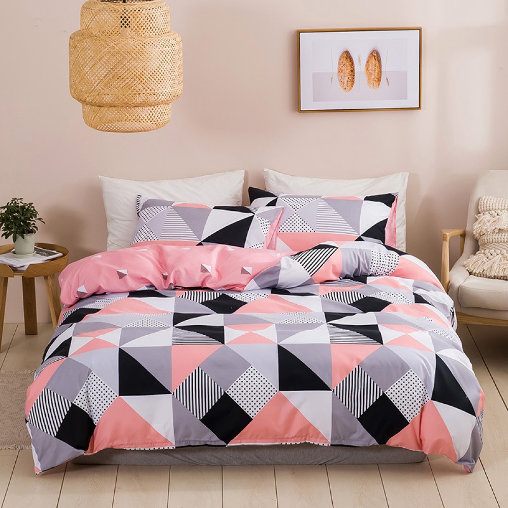 Quilt Cover +Pillowcase with Triangular Plaid Geometric Pattern Protective Bedding - Image 2