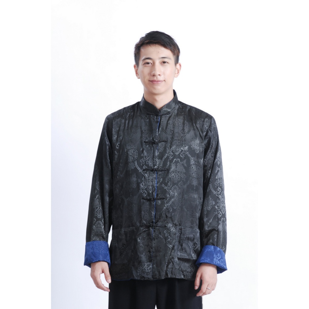 Tang-suit For Men Chinese Traditional Satin Hanfu Tops Long Sleeves Cardigan Single-breasted Performance Jacket blue and black L - Image 3