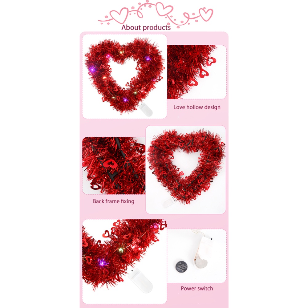 2023 Led Shiny Heart-shaped Wreath Love Pendants Ornaments For Happy Valentine Day Wedding Party Decoration Cold white light - Image 2