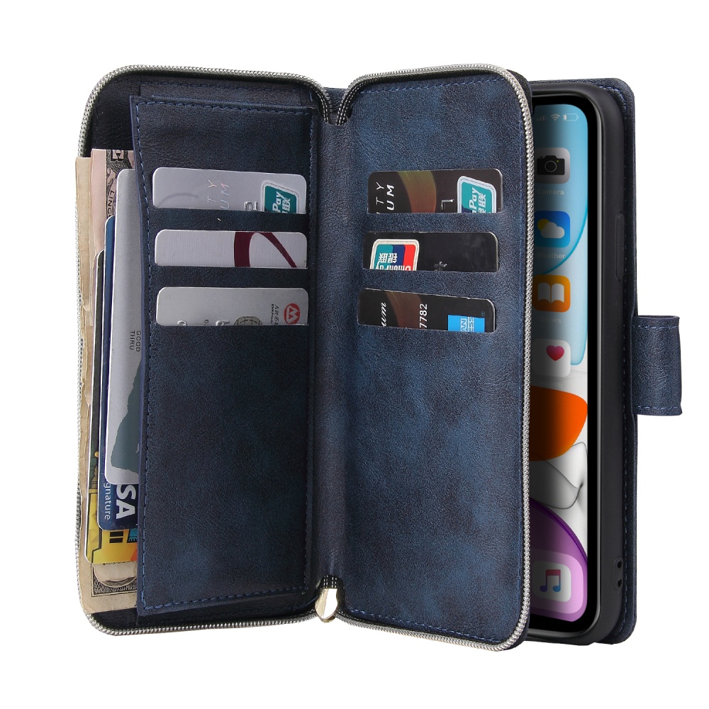 For iphone X/XS/XS MAX/11/11Pro Pu Leather Mobile Phone Cover Zipper Card Bag + Wrist Strap blue - Image 3