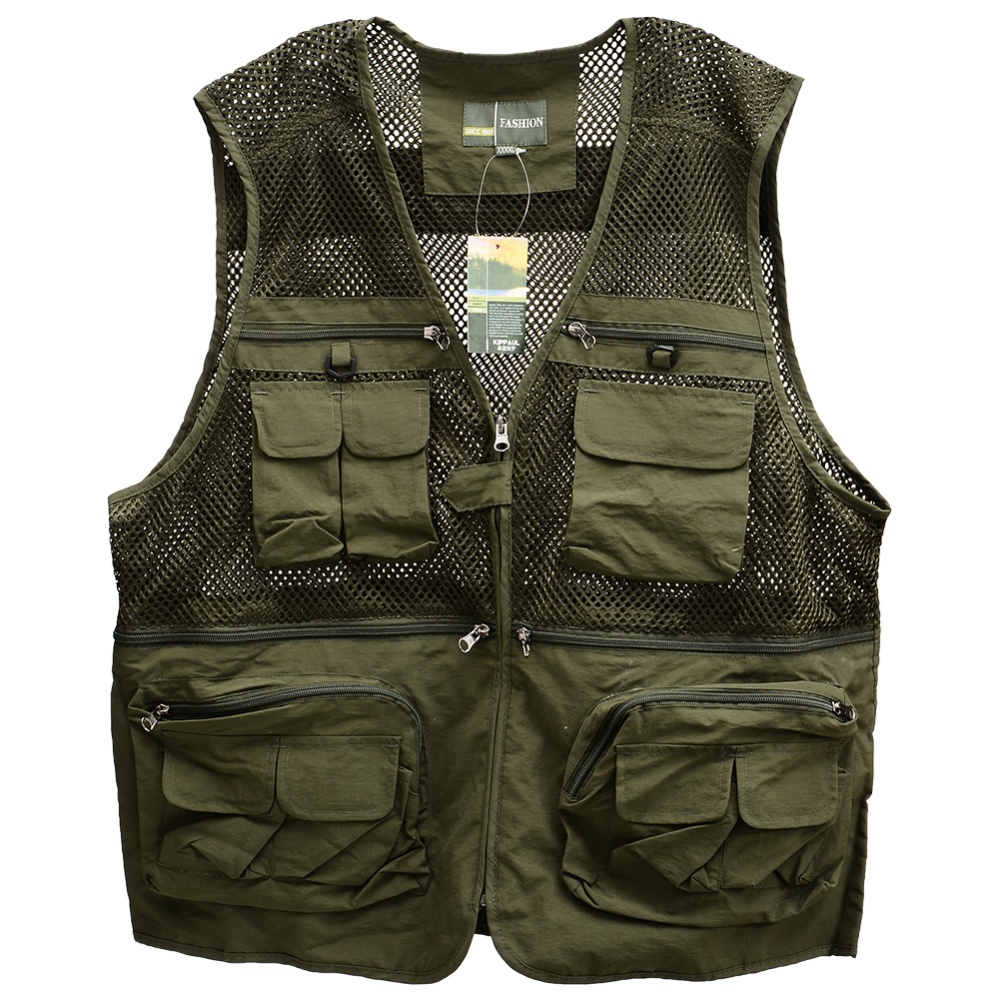 Men's Outdoor Sports Photography Fishing Multi Pocket Zipper Casual Loose Mesh Vest Army green_XL - Image 3