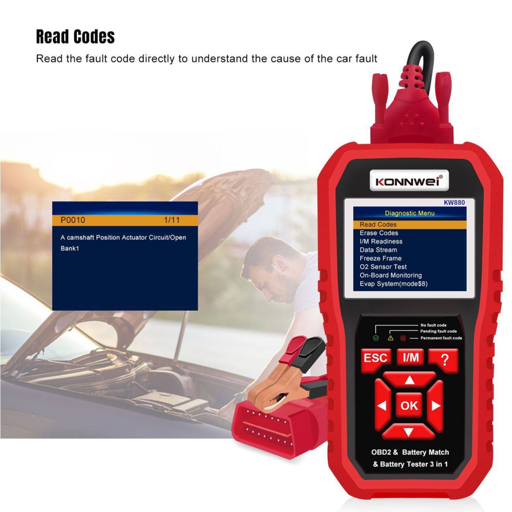 Kw880 Car Obdii Diagnostic Fault Scanner Tool Battery Real-time Monitoring Tools Auto Tester Red - Image 3