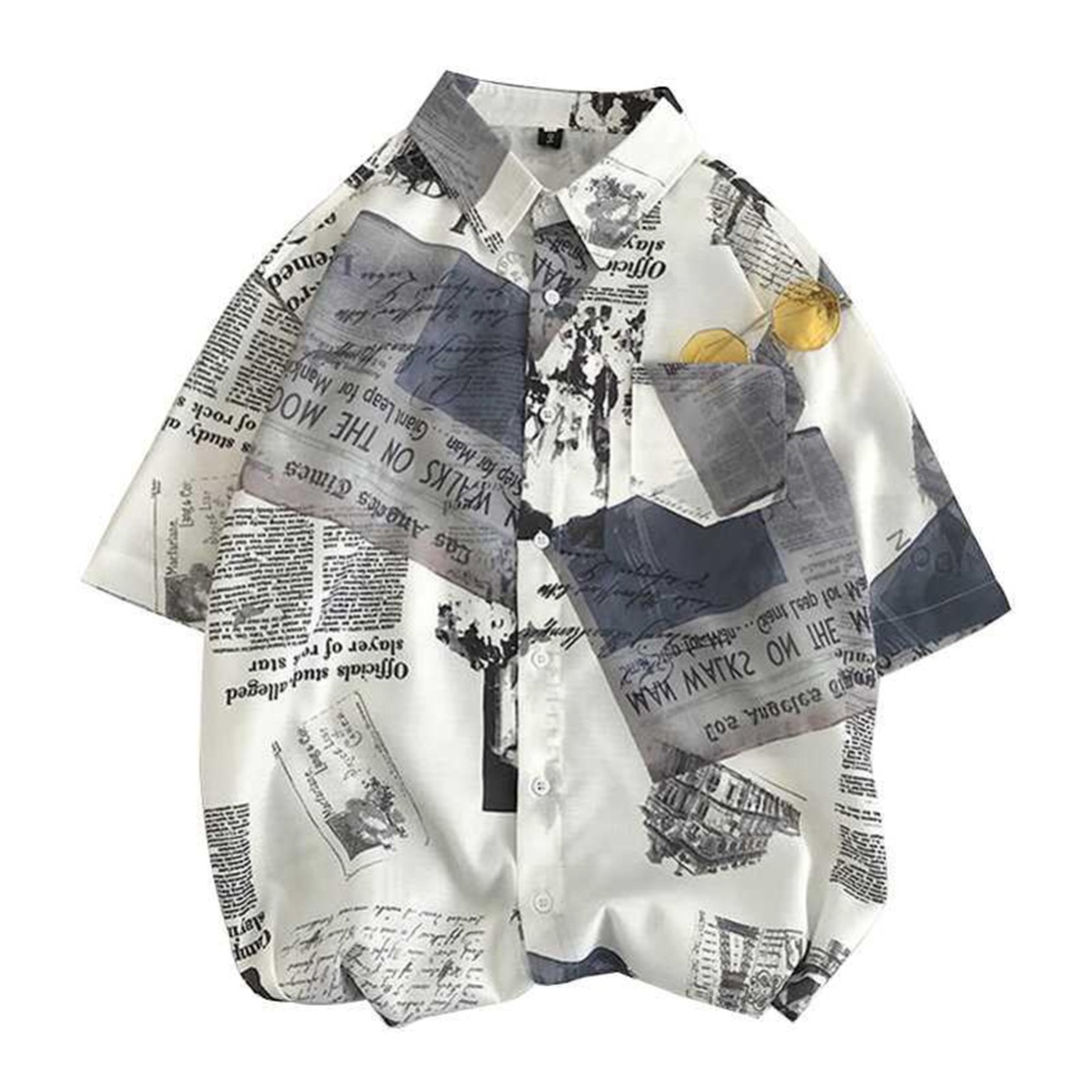 Men's Leisure Shirt Loose Summer Stand-up Collar Printing Short-sleeve Shirts White_M (165 height/50 kg) - Image 3