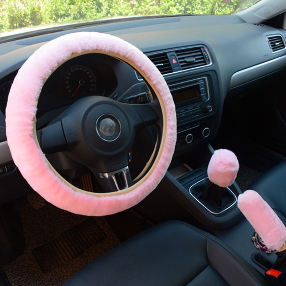 3pcs/set Car Plush Fashion Universal Steering Wheel Cover Pull Handle Pink - Image 2