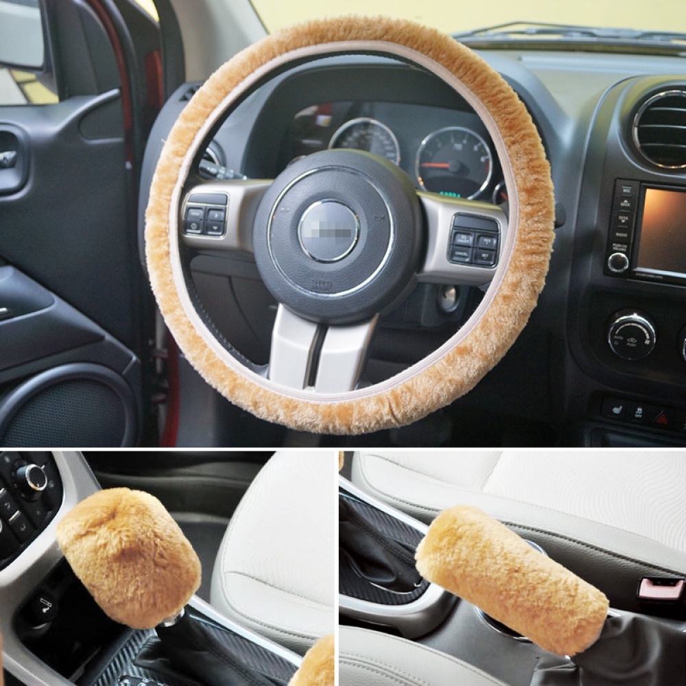 Universal Steering-wheel Plush Car Steering Wheel Covers Hand Brake Cover Gear Set gray_38cm - Image 3