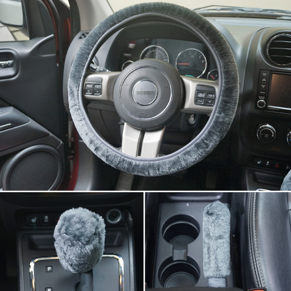 Universal Steering-wheel Plush Car Steering Wheel Covers Hand Brake Cover Gear Set gray_38cm - Image 2