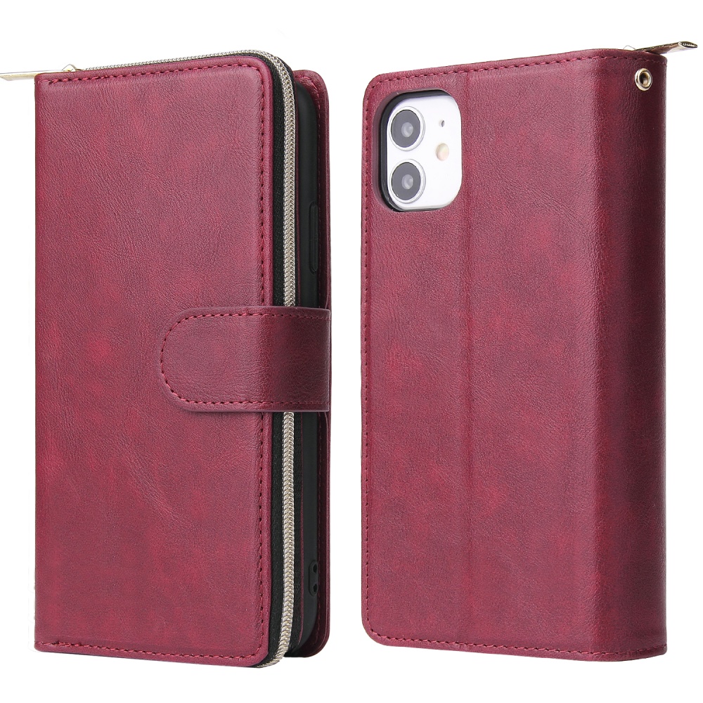 For iphone X/XS/XS MAX/11/11Pro Pu Leather Mobile Phone Cover Zipper Card Bag + Wrist Strap Red wine - Image 3