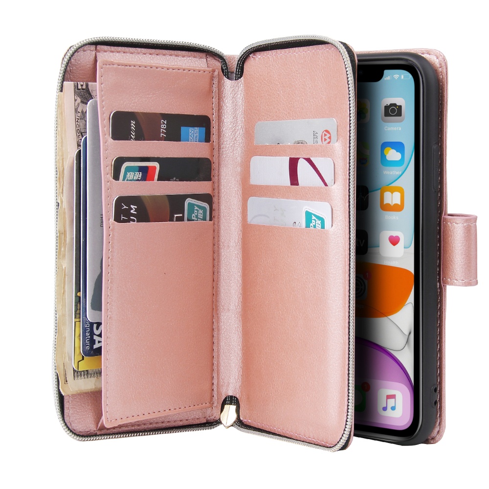 For iphone X/XS/XS MAX/11/11Pro Pu Leather Mobile Phone Cover Zipper Card Bag + Wrist Strap Rose gold - Image 3