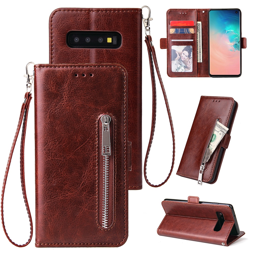 For Samsung S10 Solid Color PU Leather Zipper Wallet Double Buckle Protective Case with Stand & Lanyard black - Image 3