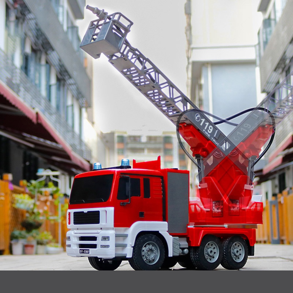 E567 Remote Control Fire Truck Toy Simulated Water Spray Function Lift Ladder Rechargeable Engineering Vehicle Model for Boy Children Large - Image 3