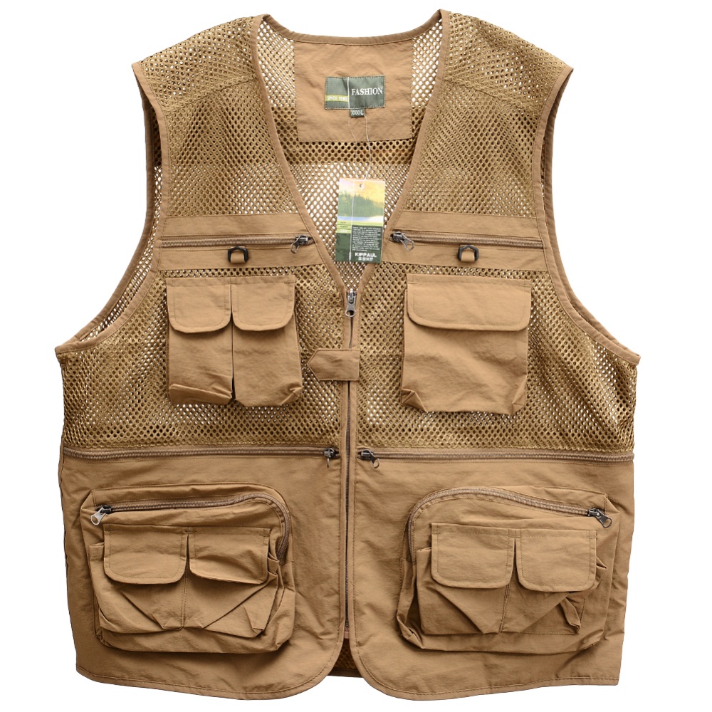 Men's Outdoor Sports Photography Fishing Multi Pocket Zipper Casual Loose Mesh Vest Khaki_XXXL - Image 3