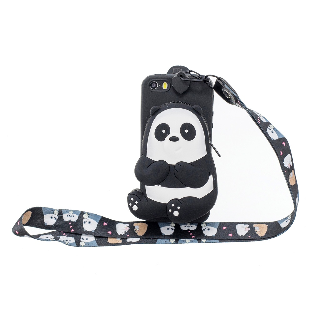 For Iphone 5 / 5S SE Cartoon Hanging Lanyard + Fall Resistant TPU Full Protective Mobile Phone Cover with Coin Purse black striped bears - Image 3