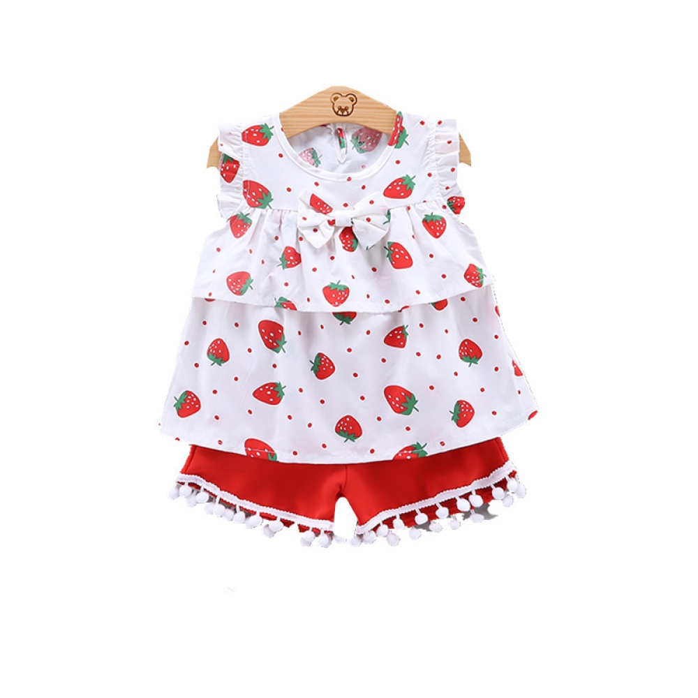 2pcs/set Girls' Vest Suit Cotton Strawberry Pattern Sleeveless Shorts for 0-4 Years Old Baby Pink_110cm - Image 2