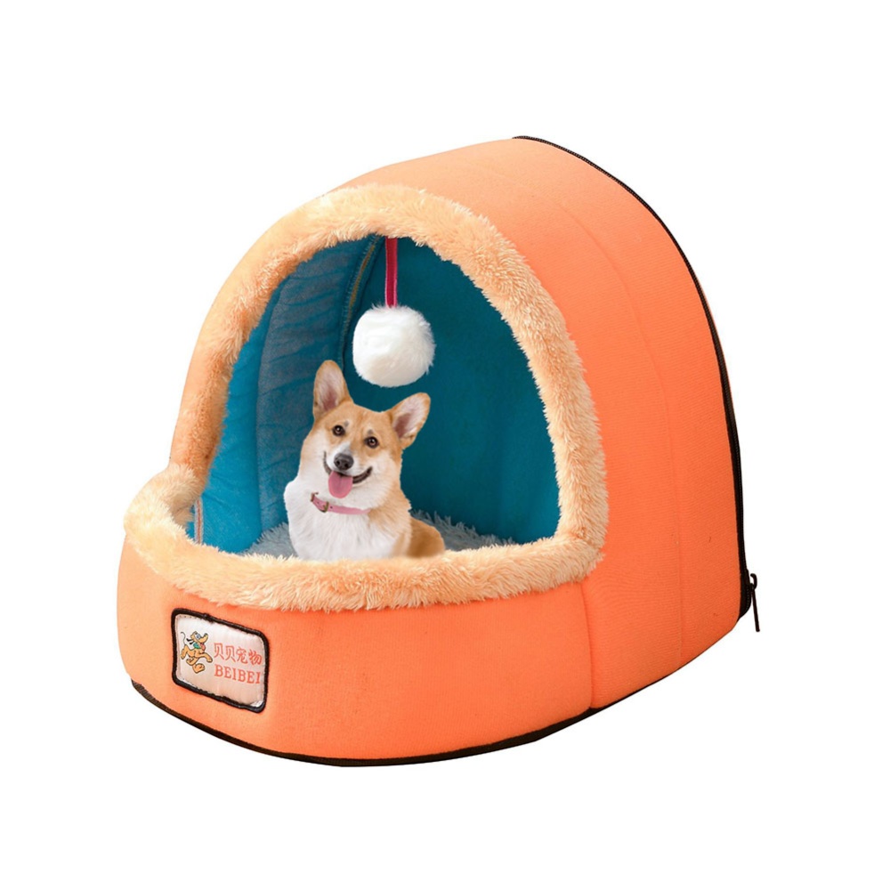 Mini Ger Shape Warm Pet Plush Nest Tent with Haning Ball for Cats Dogs Orange_M - Image 3