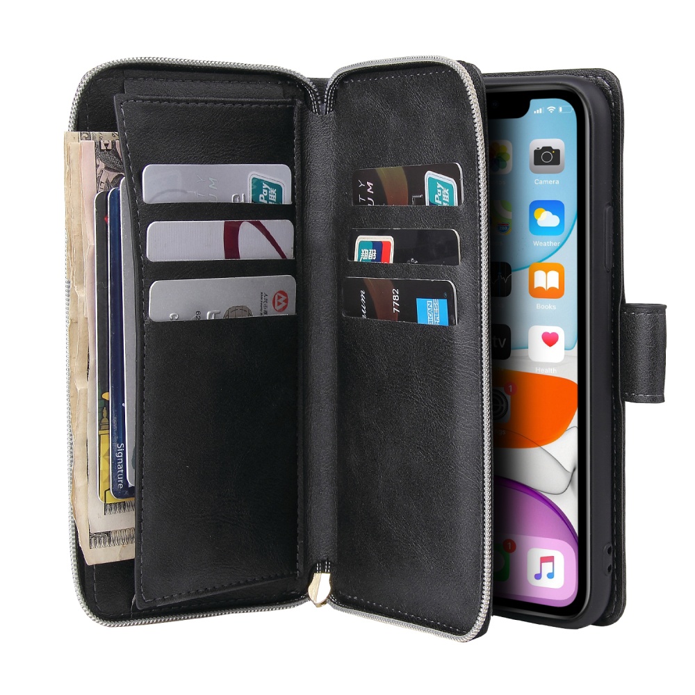 For iphone X/XS/XS MAX/11/11Pro Pu Leather Mobile Phone Cover Zipper Card Bag + Wrist Strap black - Image 3