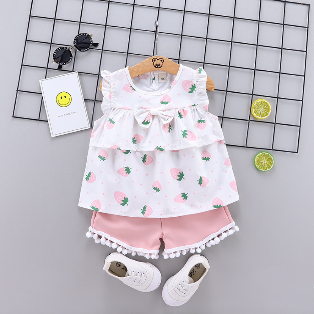 2pcs/set Girls' Vest Suit Cotton Strawberry Pattern Sleeveless Shorts for 0-4 Years Old Baby Pink_110cm - Image 3