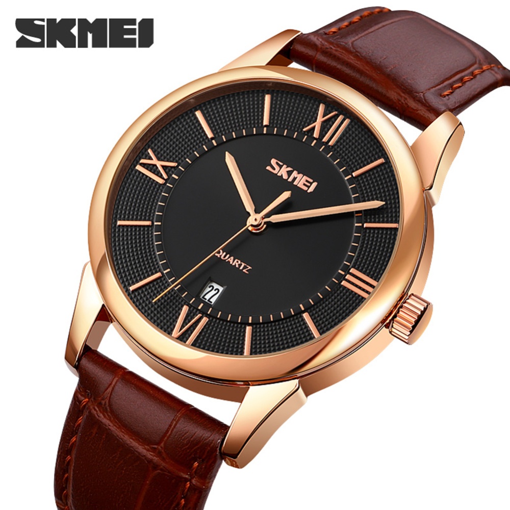 SKMEI Business Men Quartz Watches Leather Band Calendar Time Display Waterproof Analog Wristwatches Brown belt black face - Image 2