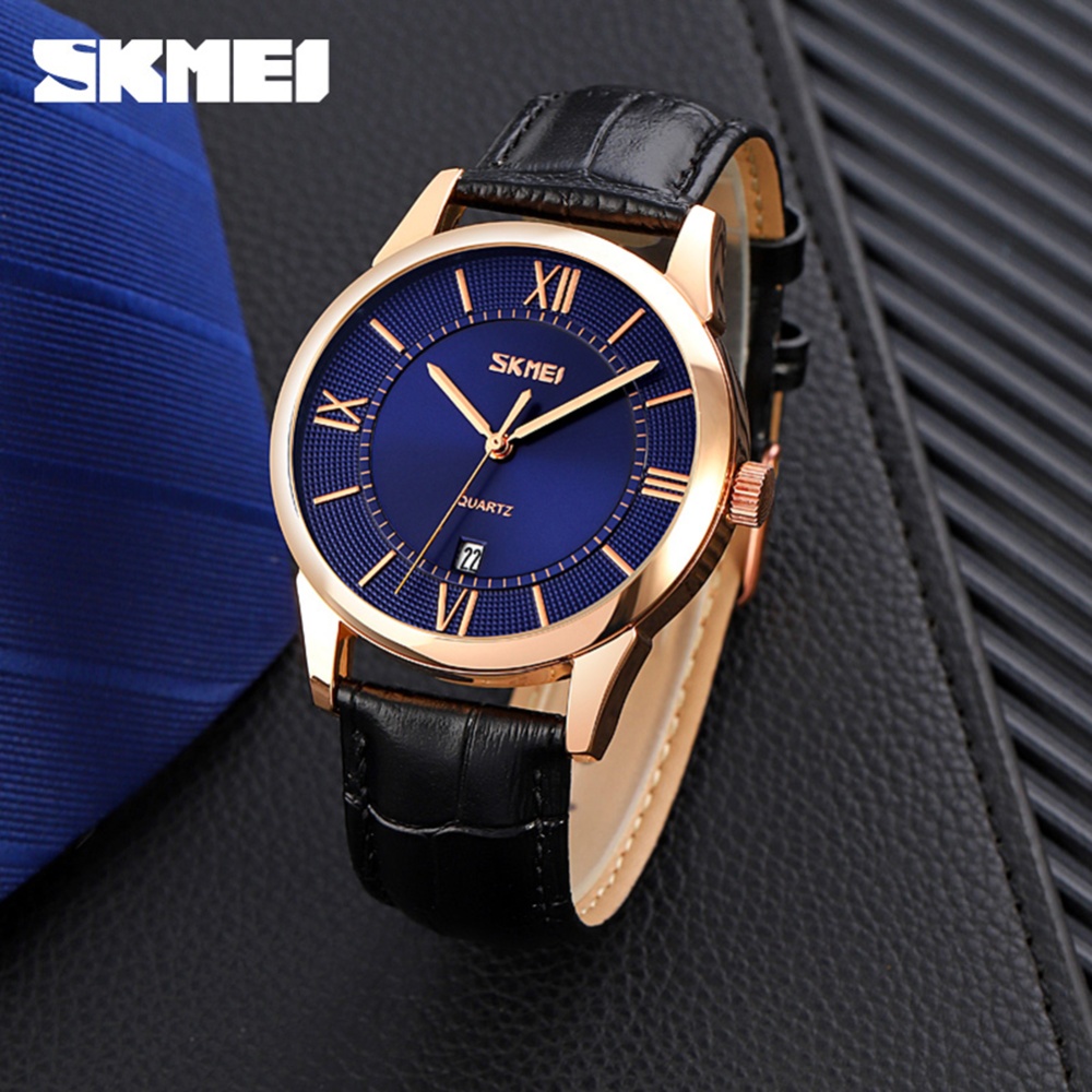 SKMEI Business Men Quartz Watches Leather Band Calendar Time Display Waterproof Analog Wristwatches Brown belt black face - Image 3