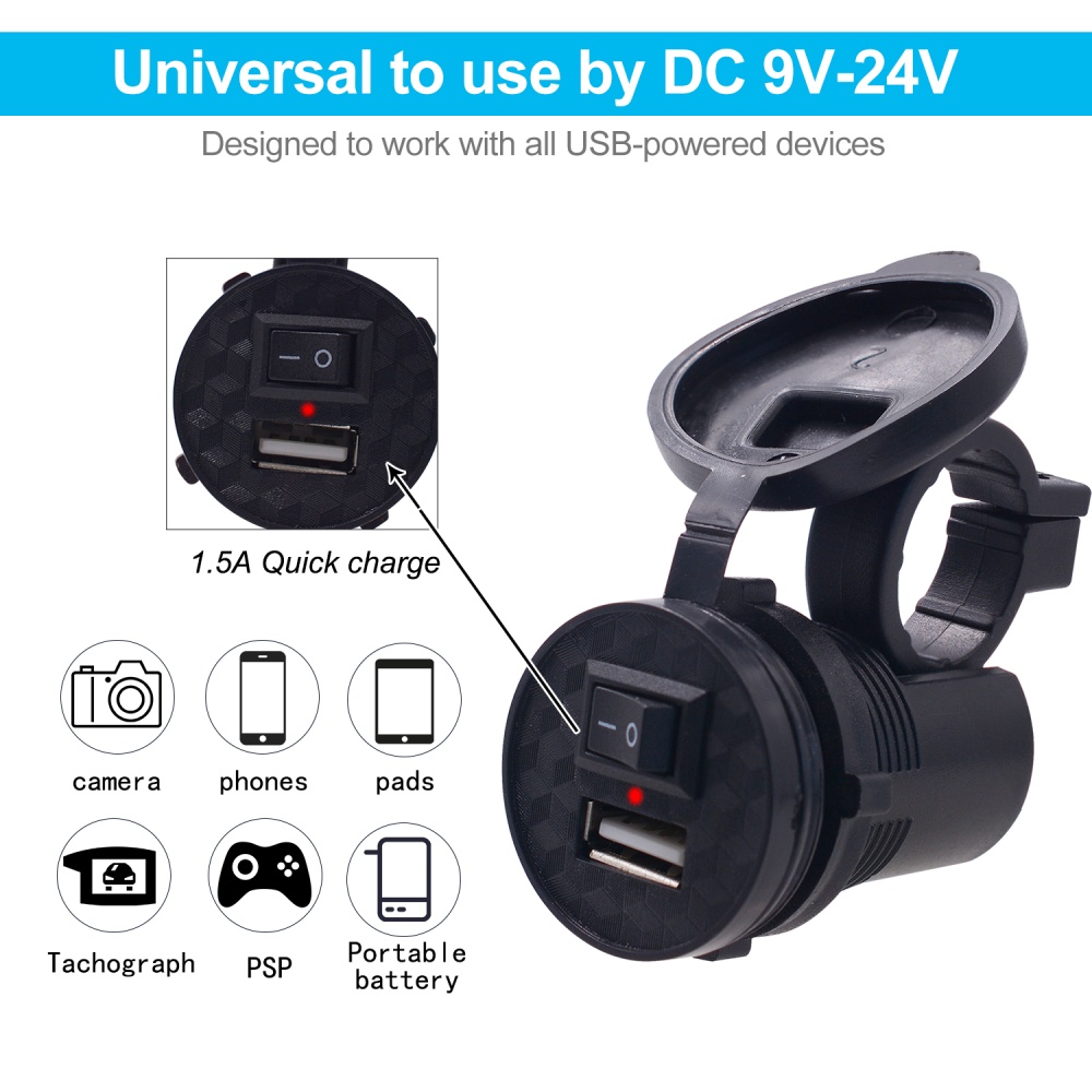 Motorcycle Mobile Phone Charger 12v Waterproof Single USB with Switch black - Image 2