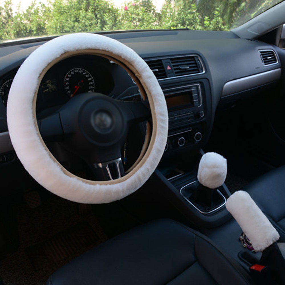 3pcs/set Car Plush Fashion Universal Steering Wheel Cover Pull Handle white - Image 3