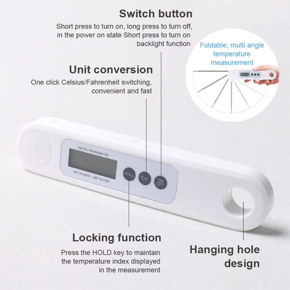 Kitchen Food Thermometer Foldable Design High Precision Temperature Resistant Digital (without Battery) White - English - Image 2