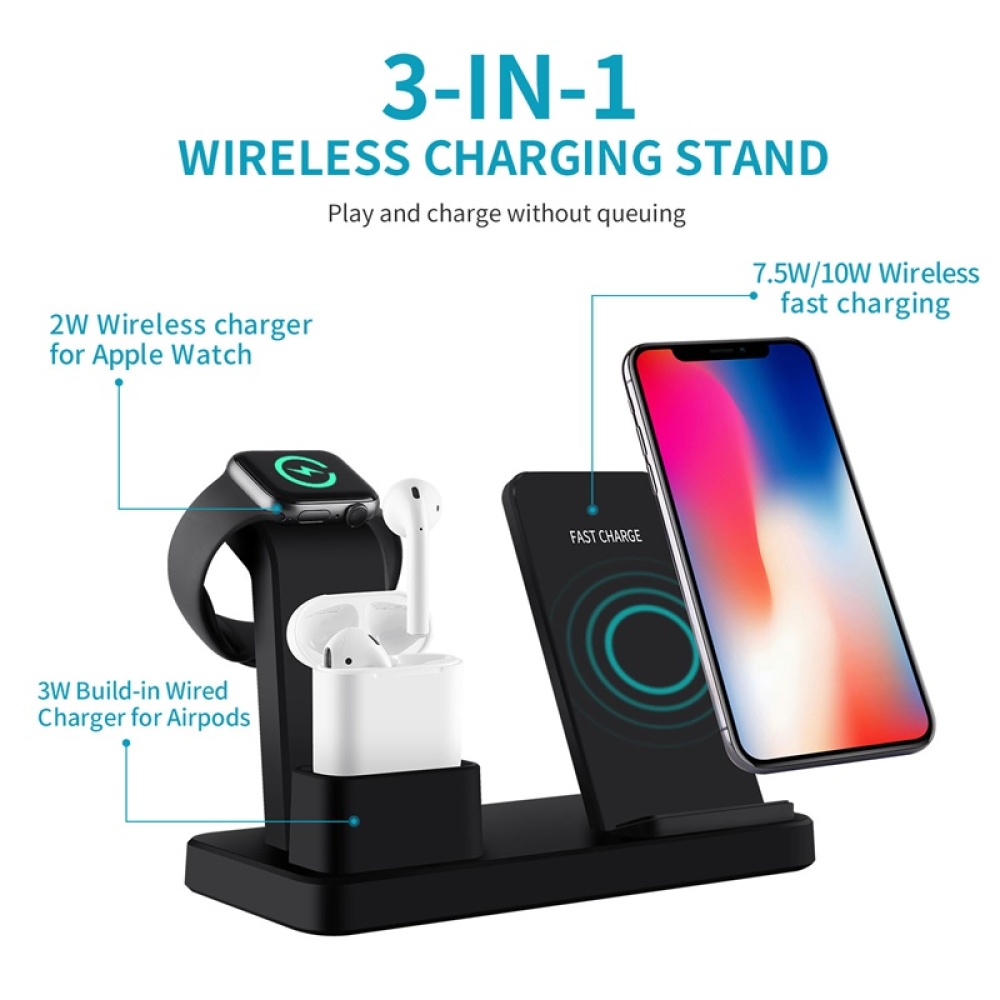 10W Qi Wireless Charger for iPhone X 8 3 in 1 Mobile Phone Fast Quick Charge Dock Apple Watch 4 2 black - Image 3