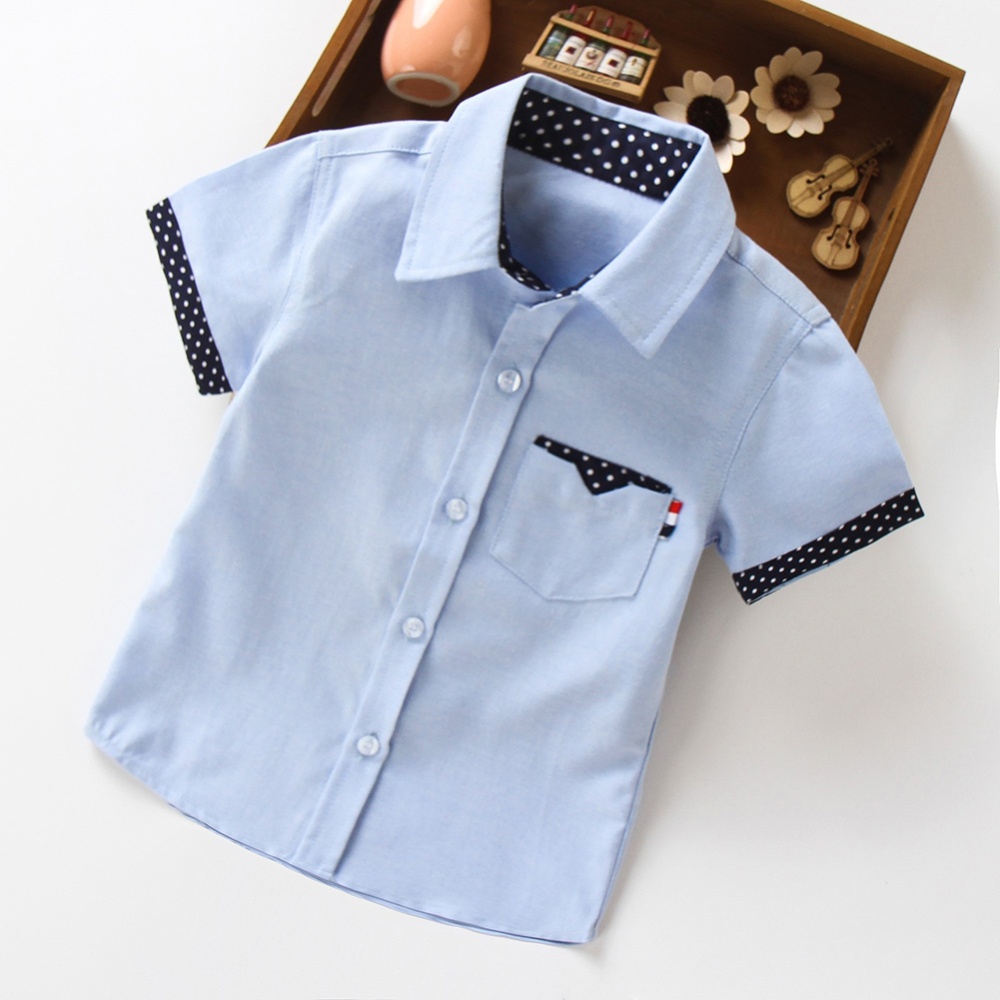 Summer Boys Short Sleeves Shirts Polka Dot Printing Casual Lapel Button Down Cotton Tops Sleeve - Blue HEIGHT:170cm