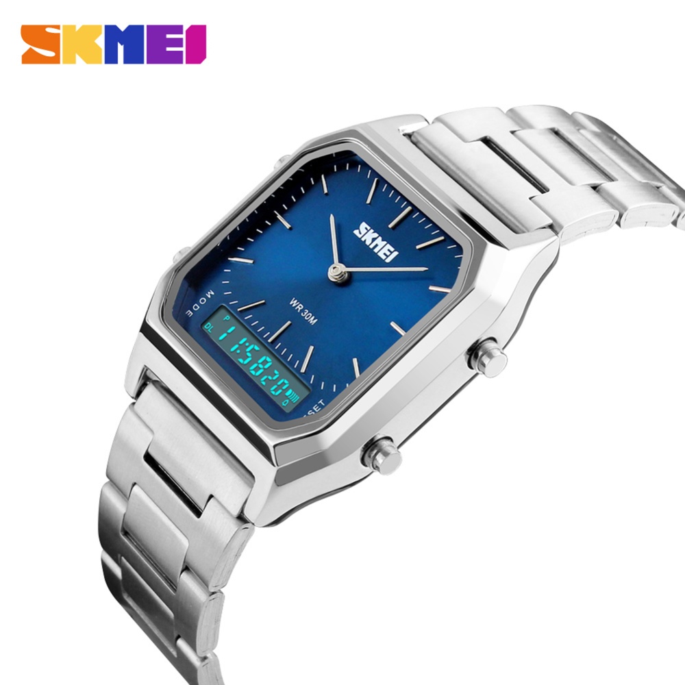 SKMEI Business Men Electronic Watch Waterproof Steel Band Dual Display Multi-function Retro Fashion Wristwatch silver shell blue dial - Image 3