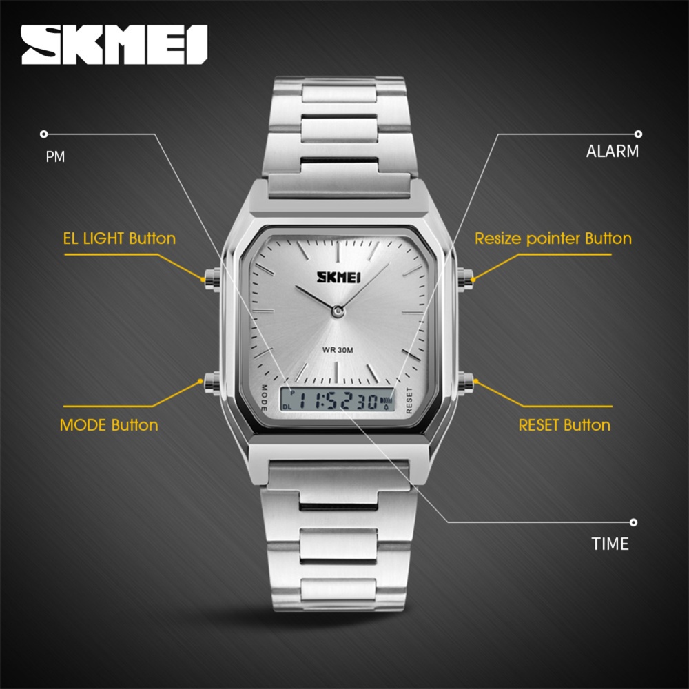 SKMEI Business Men Electronic Watch Waterproof Steel Band Dual Display Multi-function Retro Fashion Wristwatch silver shell blue dial - Image 2