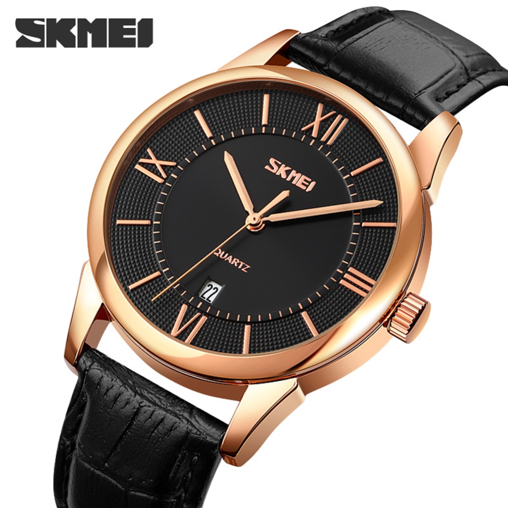 SKMEI Business Men Quartz Watches Leather Band Calendar Time Display Waterproof Analog Wristwatches black belt face - Image 3