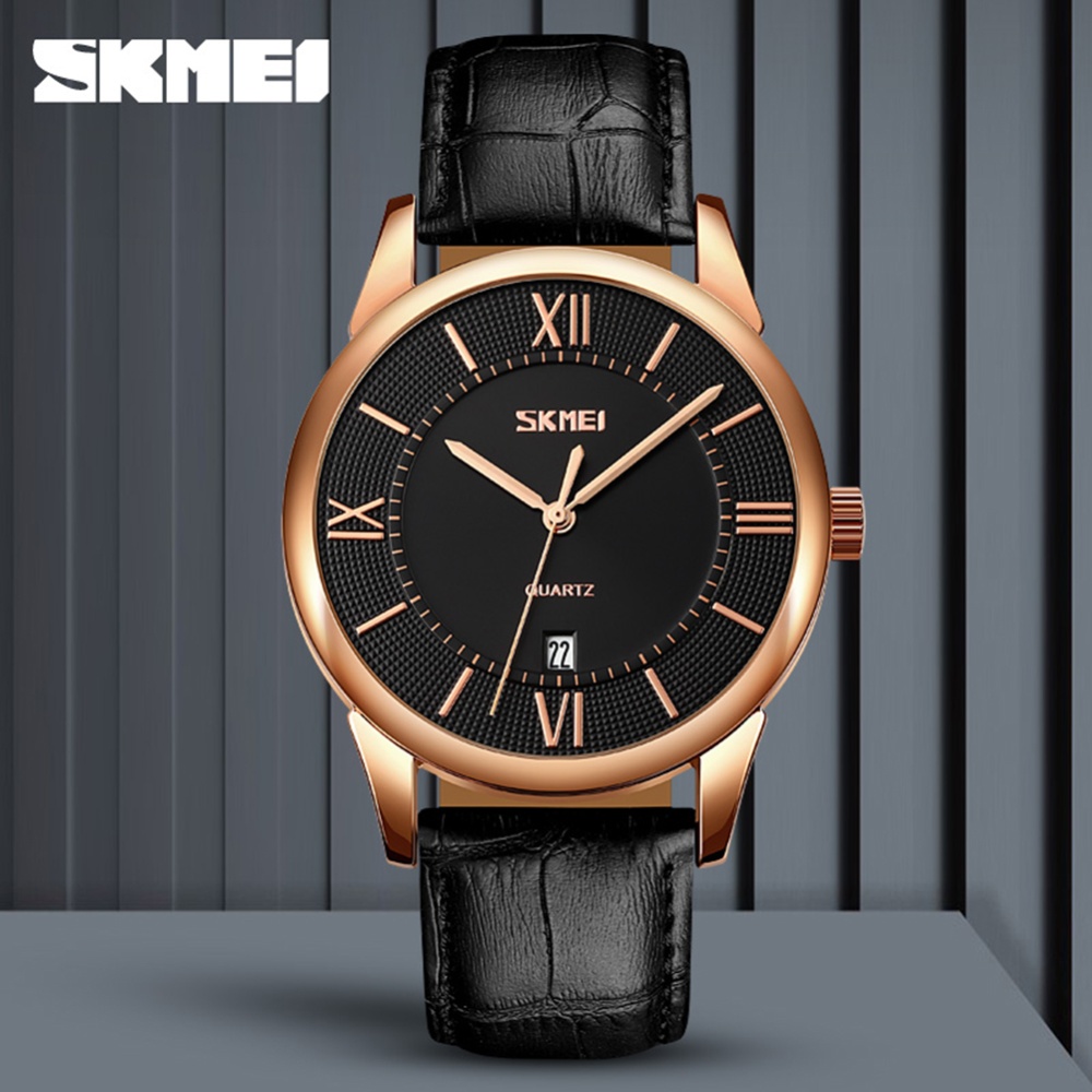 SKMEI Business Men Quartz Watches Leather Band Calendar Time Display Waterproof Analog Wristwatches black belt face - Image 2