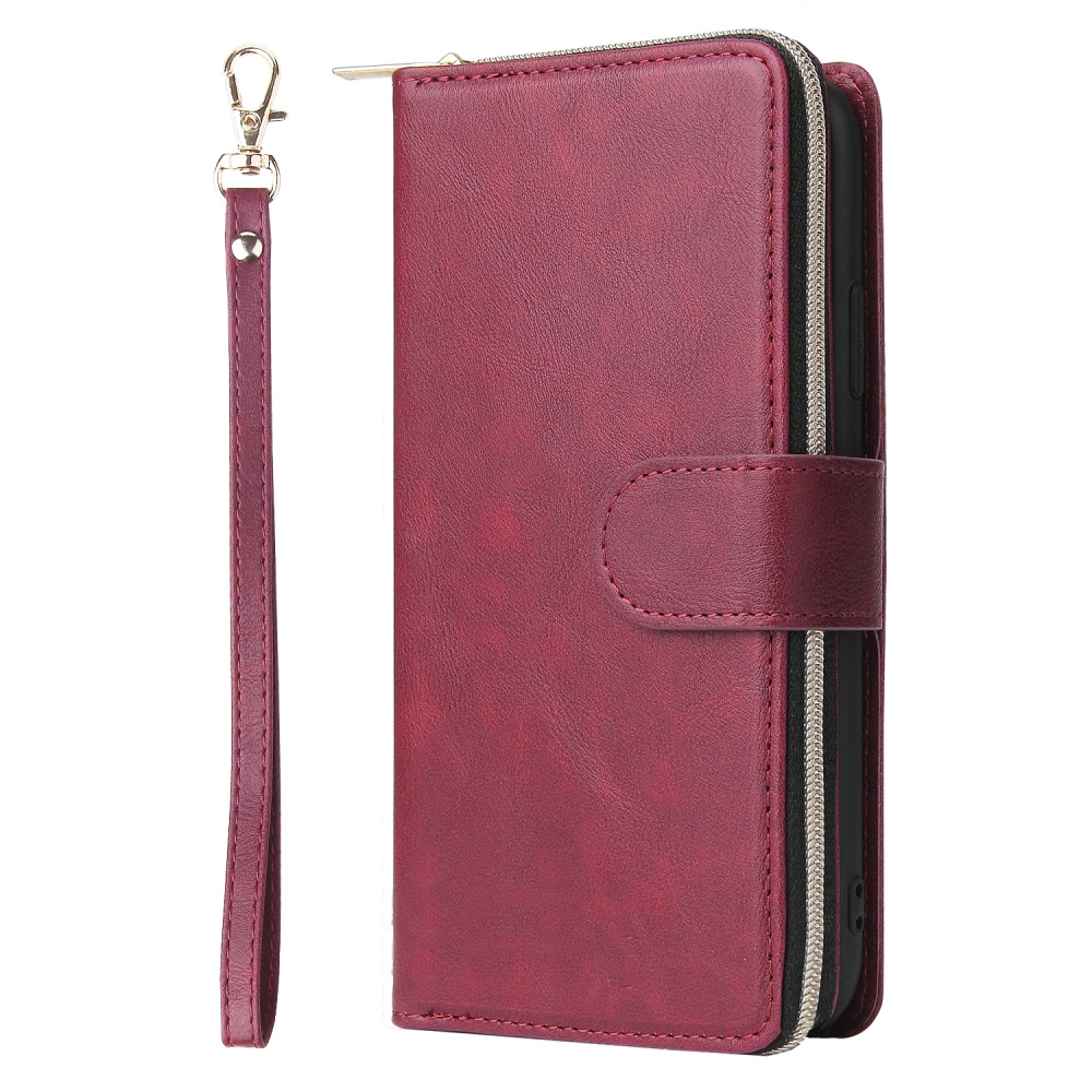 For iphone X/XS/XS MAX/11/11Pro Pu Leather Mobile Phone Cover Zipper Card Bag + Wrist Strap Red wine - Image 3