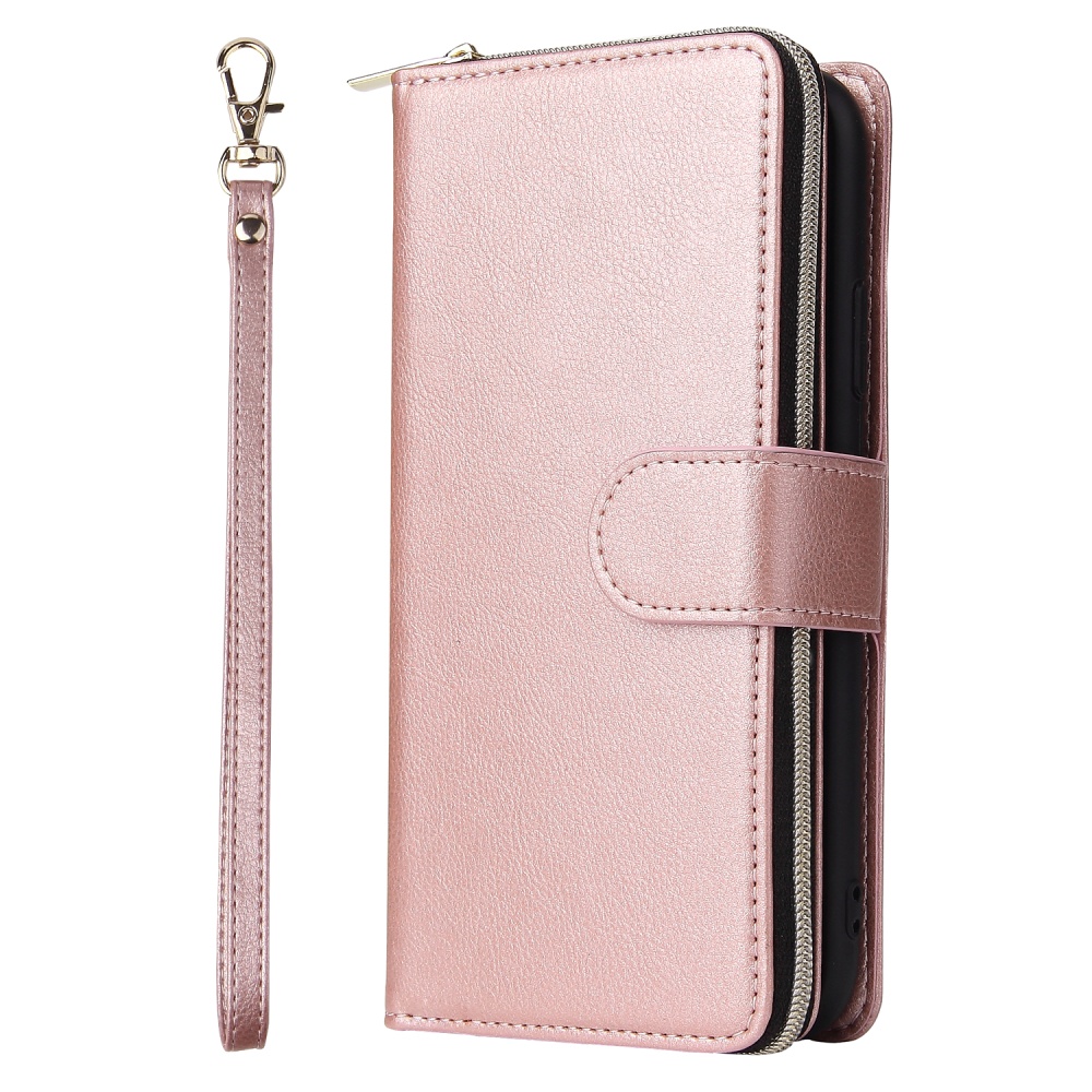 For iphone X/XS/XS MAX/11/11Pro Pu Leather Mobile Phone Cover Zipper Card Bag + Wrist Strap Rose gold - Image 3