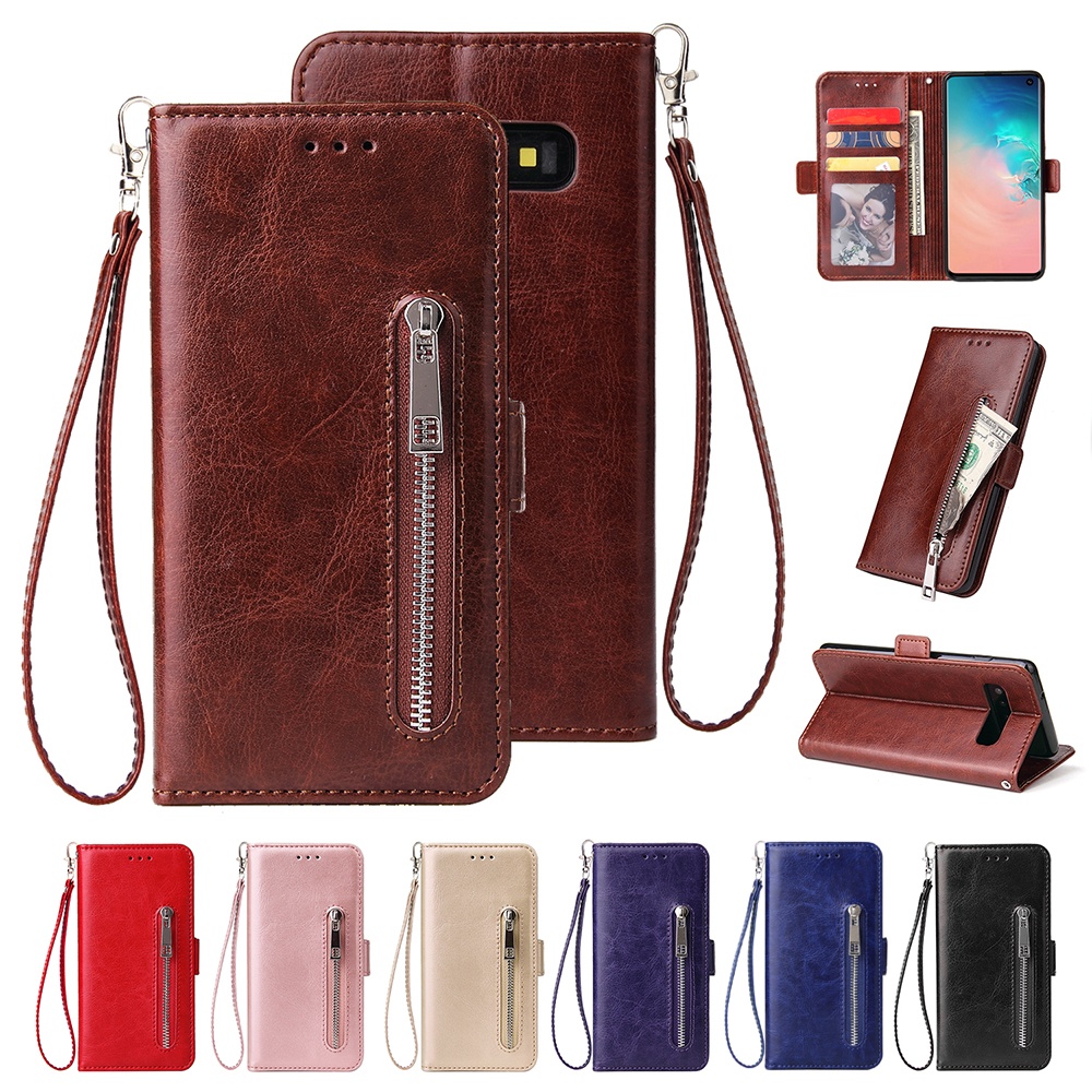 For Samsung S10 Solid Color PU Leather Zipper Wallet Double Buckle Protective Case with Stand & Lanyard brown - Image 3