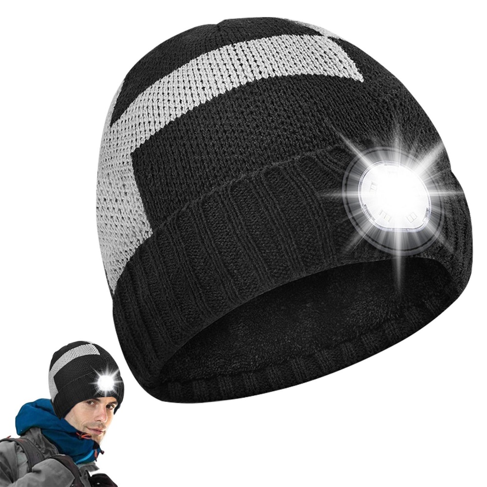 Warm Knitted Hat With Led Lamp Fashion Contrast Color Beanie Rechargeable Light For Outdoor Hiking Camping black gray - Image 3