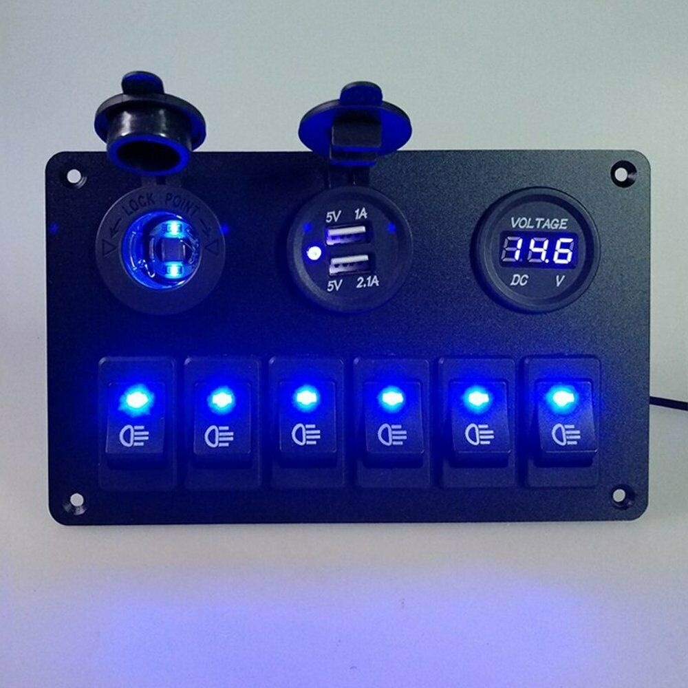 6 Gang Waterproof Circuit LED Rocker Switch Panel Breaker For Car Marine Boat Blue Light - Image 2