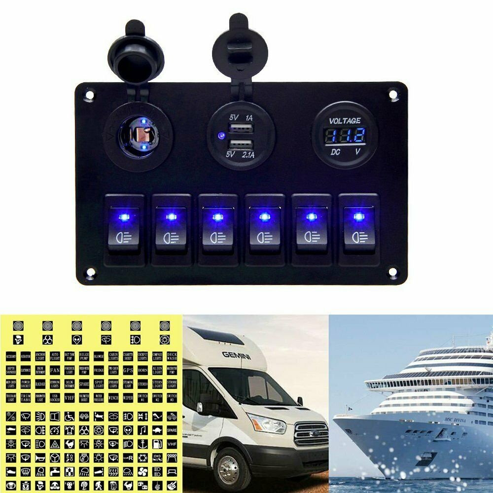 6 Gang Waterproof Circuit LED Rocker Switch Panel Breaker For Car Marine Boat Blue Light - Image 3