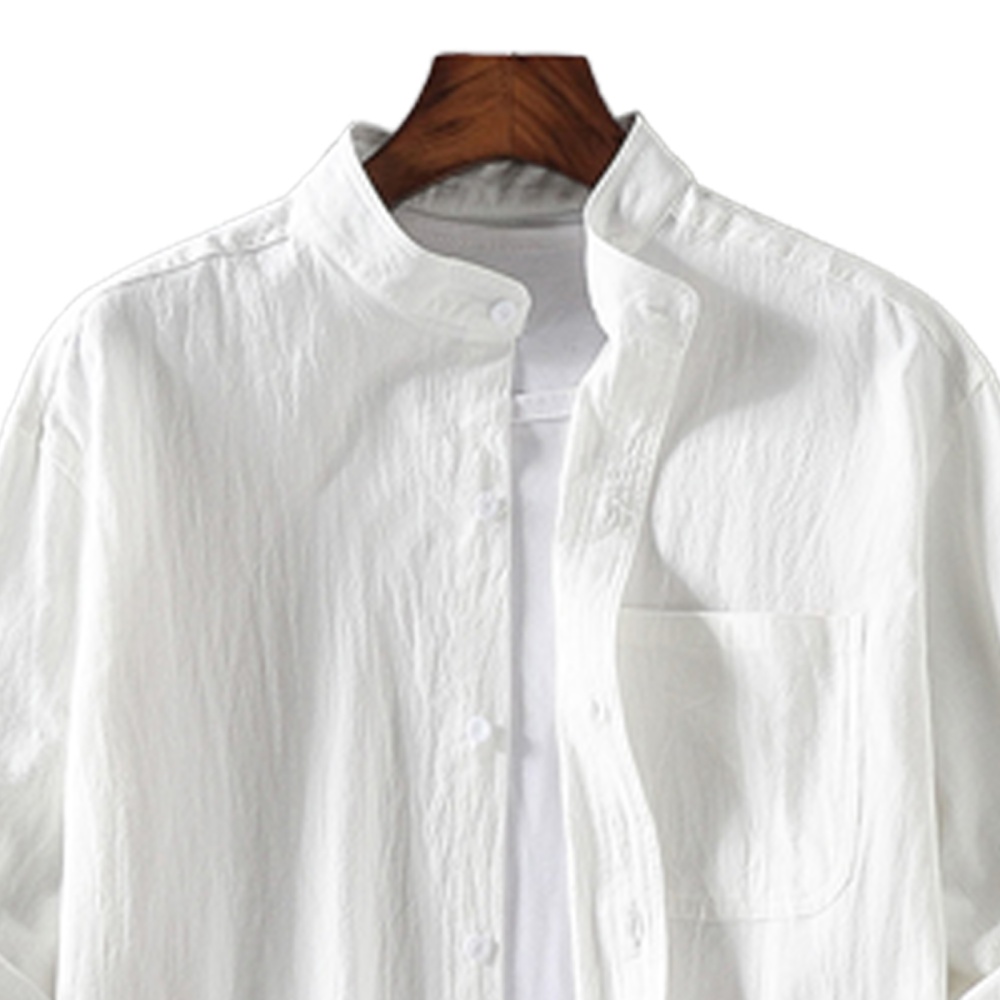 Summer Plus Size Shirt For Men Stand Collar Three-quarter Sleeve Cotton Linen Solid Color Loose Tops White M - Image 3