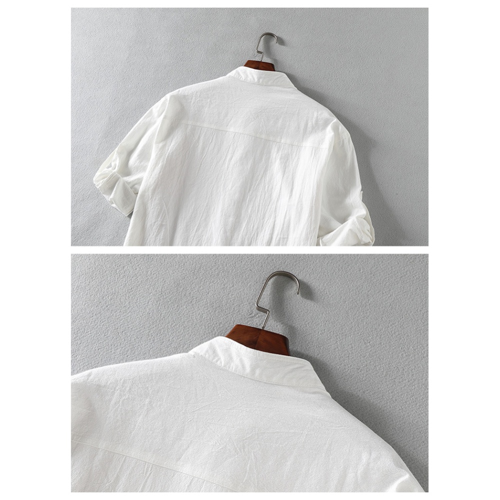 Summer Plus Size Shirt For Men Stand Collar Three-quarter Sleeve Cotton Linen Solid Color Loose Tops White M - Image 2