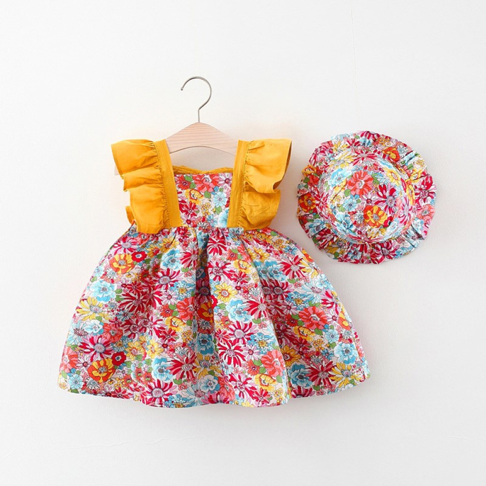 Summer Baby Girls Sling Dress With Hat Cute Floral Printing Pleated Princess For Kids Aged 1-3 green CM:73 - Image 3