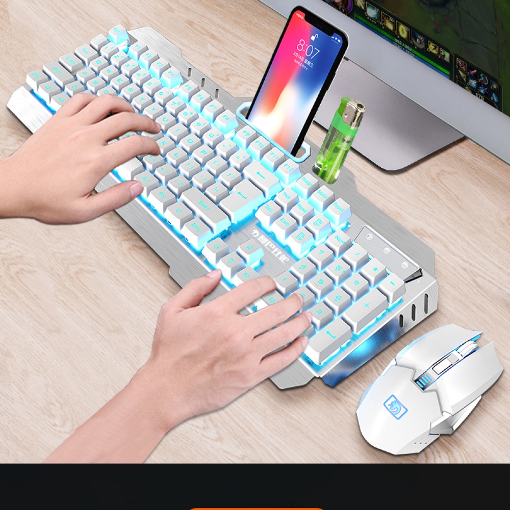 Wireless Mechanical Keyboard And Mouse Game Set Rechargeable With Backlight For Gaming white ice blue light - Image 3