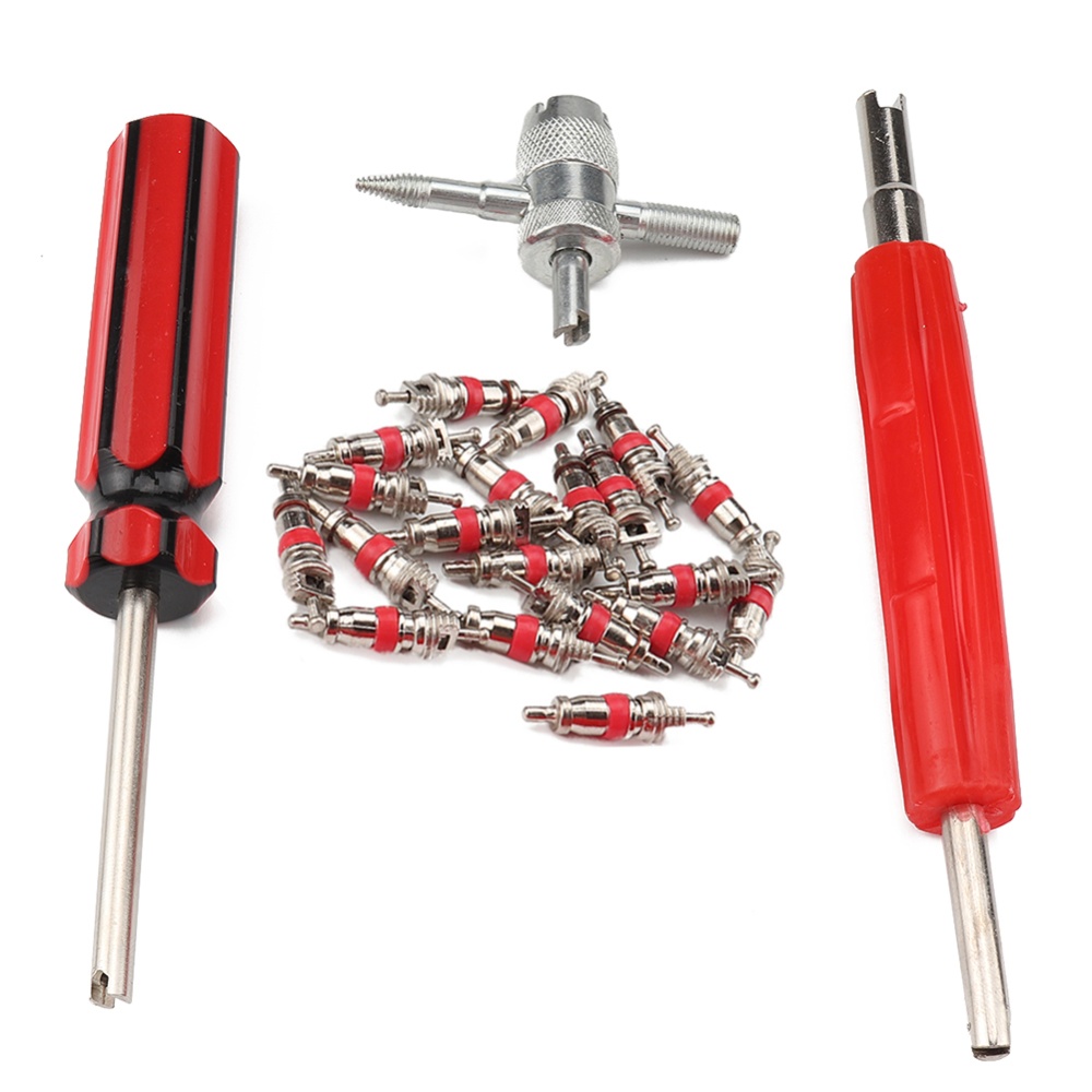 Tire Valve Repair Tool Set Dual Single Head Core Remover Tools 4-Way and 20 Pcs Brass Cores red - Image 2