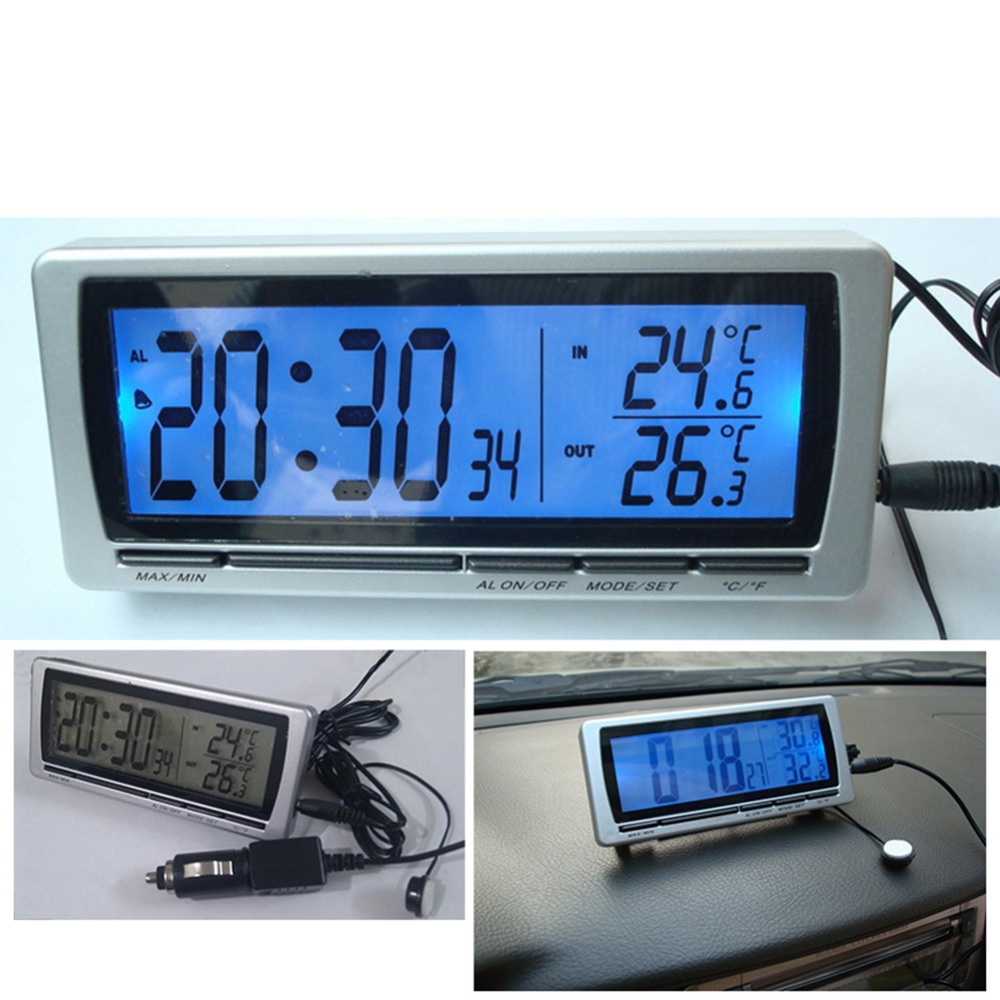 T08 4-in-1 Car Clock Dual Thermometer Calendar Alarm Inside Outside Temperature Monitor Blue - Image 2